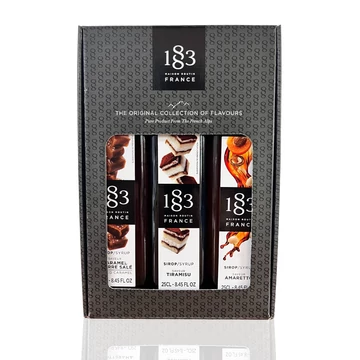 1883 Díszdobozos Kávés szett 3X0,25l (Amaretto szirup, Sóskaramell szirup, Tiramisu szirup)
